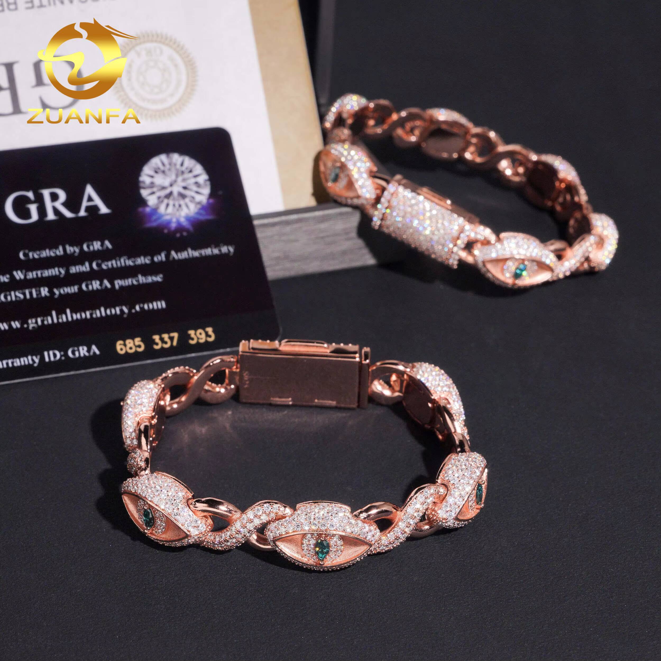 Hip Hop Jewelry 12mm Eyes Shape VVS Moissanite Cuban Link Bracelet 925 Silver Moissanite Iced Out Bracelet for Men