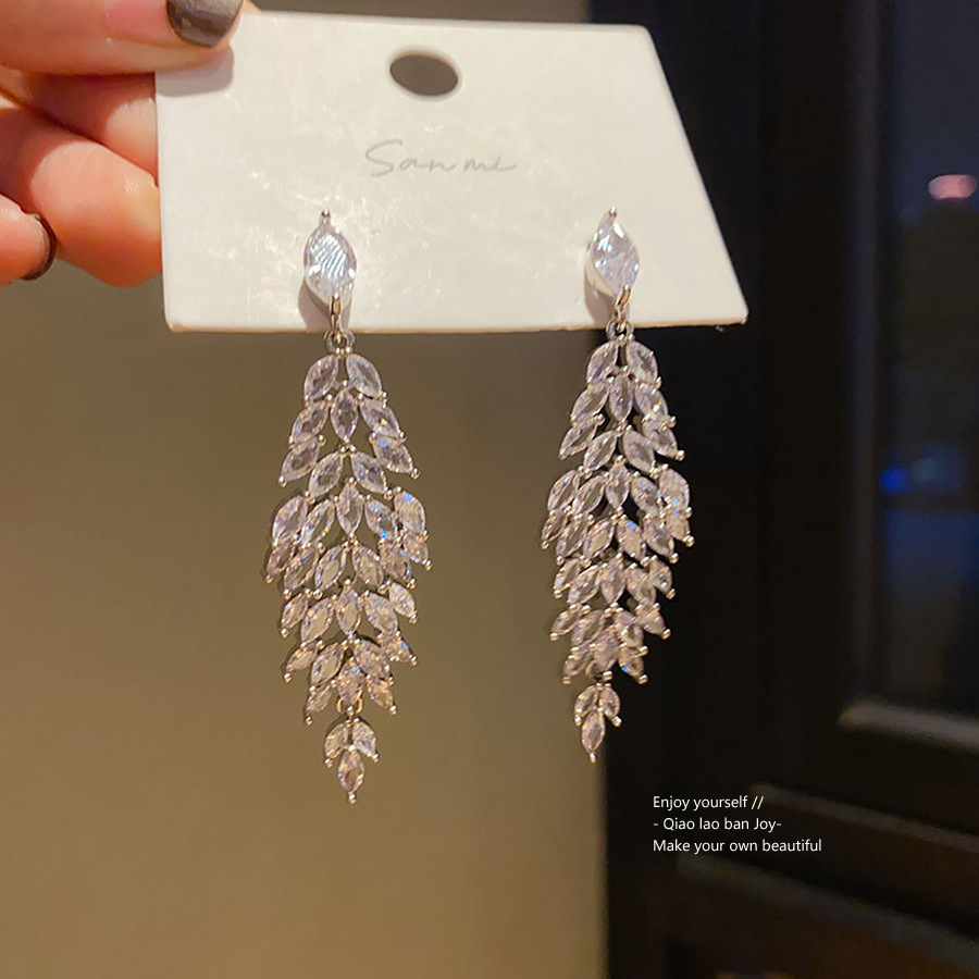 Silver Tone Leaf-Shaped Crystal Tassel Earrings With Layered Dangle Design Elegant Sparkling Style Party & Wedding Occasion Wear Gift For Her Luxe Sta