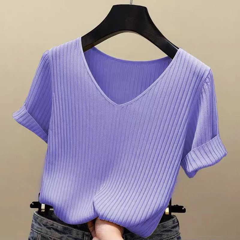 Knitted short sleeve Women VNeck T Shirts 2025 Blue Slim Black thin knit Orange Tops Ladies Summer Camiseta Summer T shirts Z250905