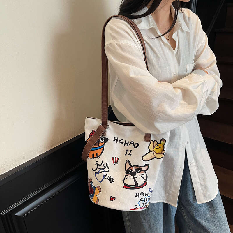 Print Niche Designer Bags Casual Bucket 2025 New Lightweight Color-Block Textured Cloth Single Shoulder Crossbody Bag