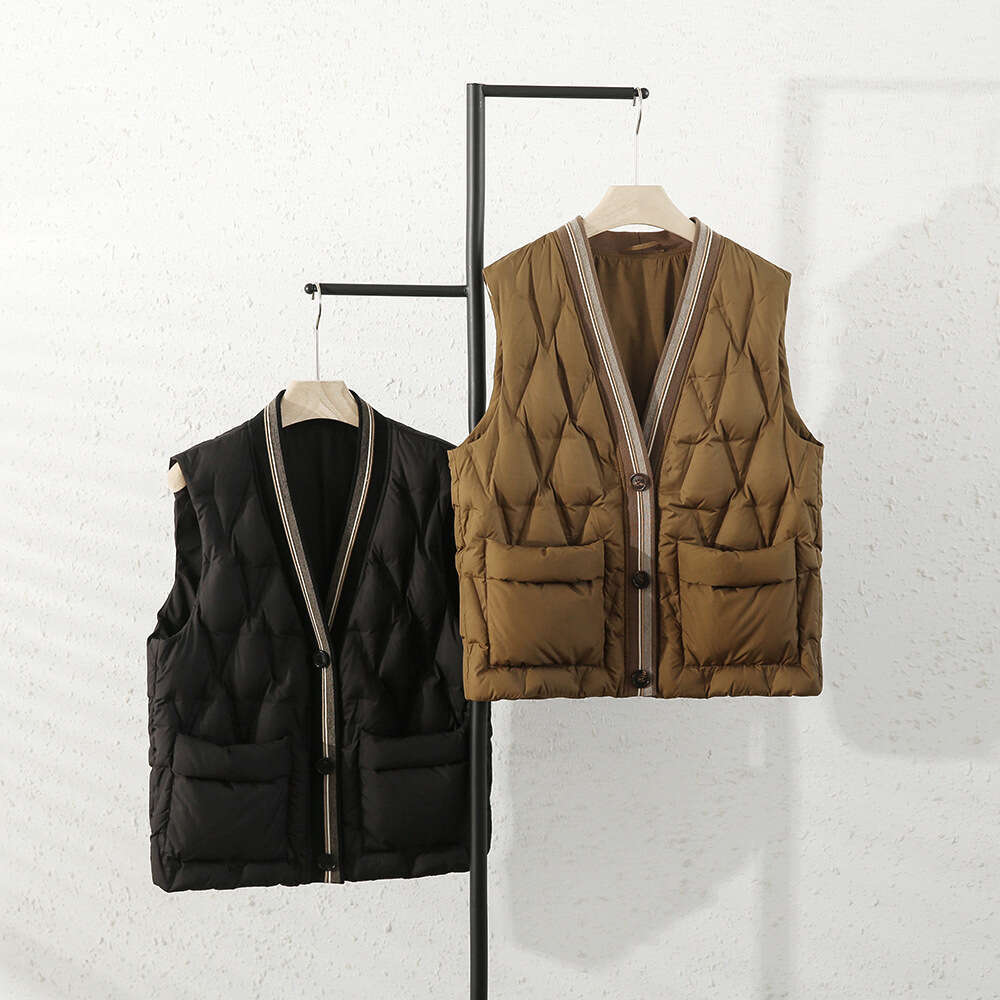 High-End White Melad Style Brown V-Neck Outerwear Inner Wear Duck Down Vest Jacket B5