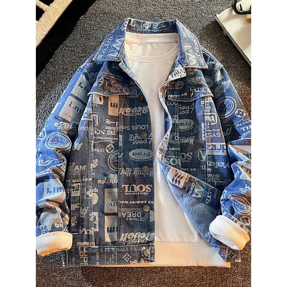 Mafokuwz Letter Printed Men In Spring Autumn Fashionable for Teenagers Handsome Korea High Street Denim Jacket