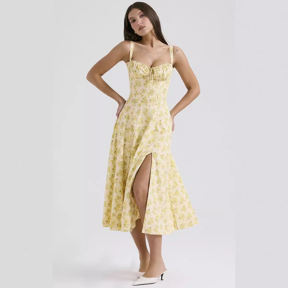 Summer New Sexy Backless Slim Strap Dress Vacation Style Floral Split MidLength Dress