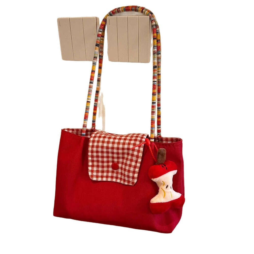 Red Plaid Canvas Large Capacity Commuting Korean Lazy Style Outing Shoulder Tote Bag for Women