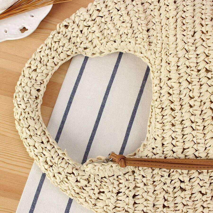 Bohemia Handwoven Straw Rattan Half-Moon Beach Handbag Large Capacity Women Summer Hollow Out Commuting Zip Shoulder Bag Bolsa
