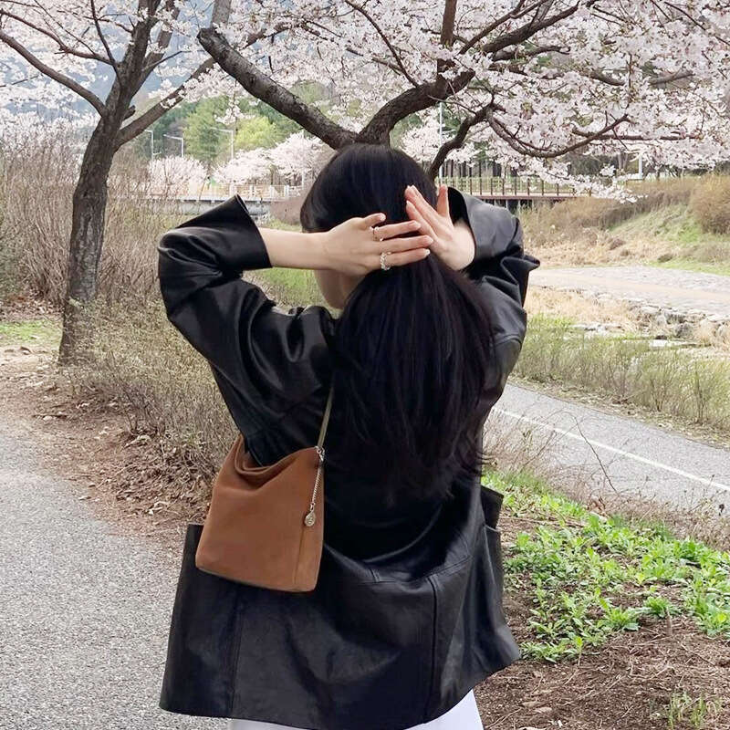 Korean Niche Custom Made Full Show Lin Cowhide Bucket Genuine Leather Bag Handbag Wide Shoulder Strap