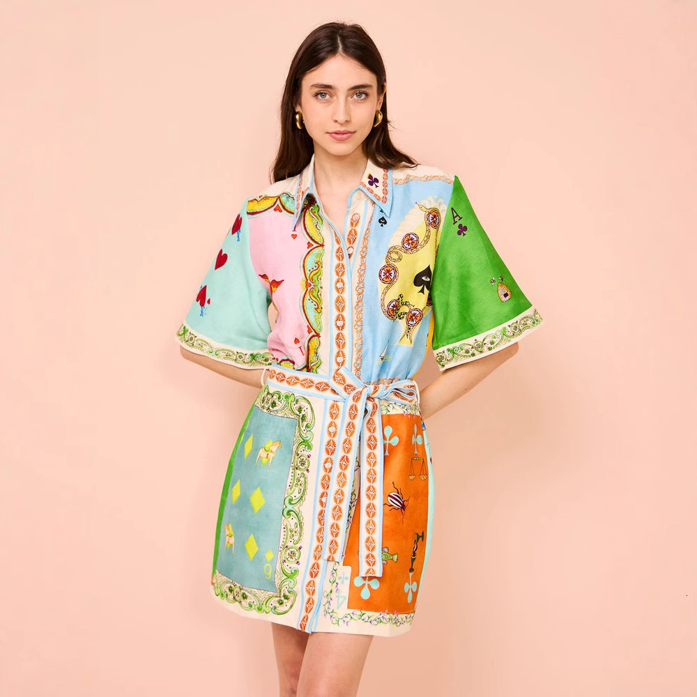 2025 SpringSummer Womens HighEnd Printed Vacation Lapel WaistCinching ShortSleeve Dress