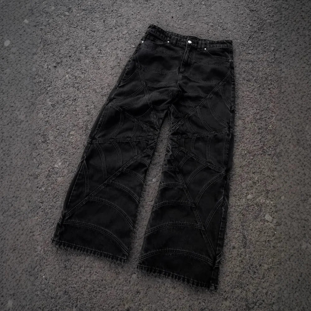 Vintage Black High Street Jeans for Men Hip Hop Spider Web Striped Printed and Women Waisted Washed Baggy 250904