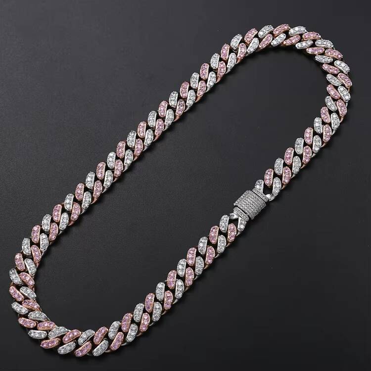 12mm 18k High Quality Hip Hop Men Diamond Chain Two Tone Pink Cuban Link Chain Necklace Jewelry