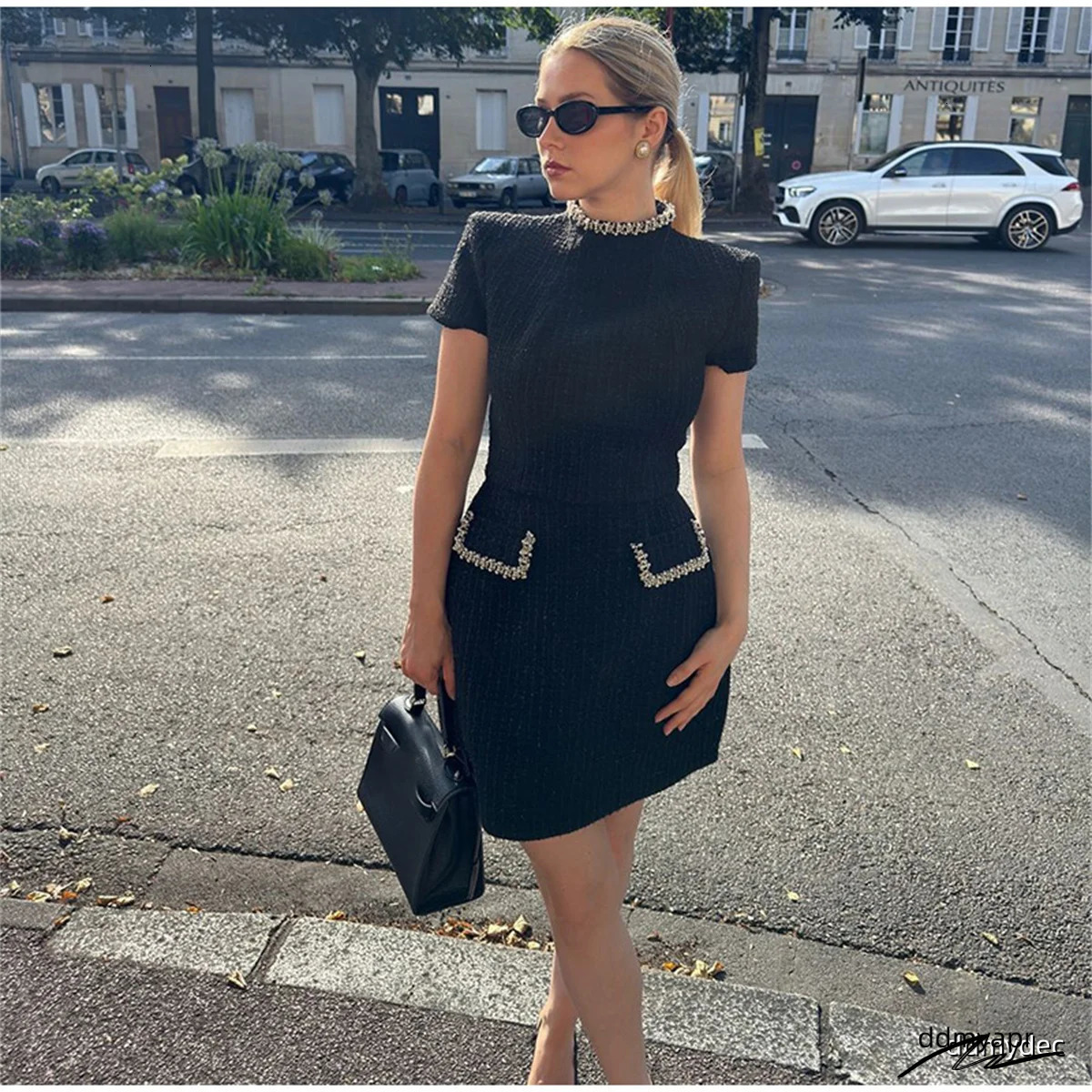 Elegant Lace A-Line Vestidos Womens Solid Slim Shoulder Pad Short Sleeved Party O-Neck Patch Work Evening Dress 241125 Ddmydec Ddmydec Ddmydec