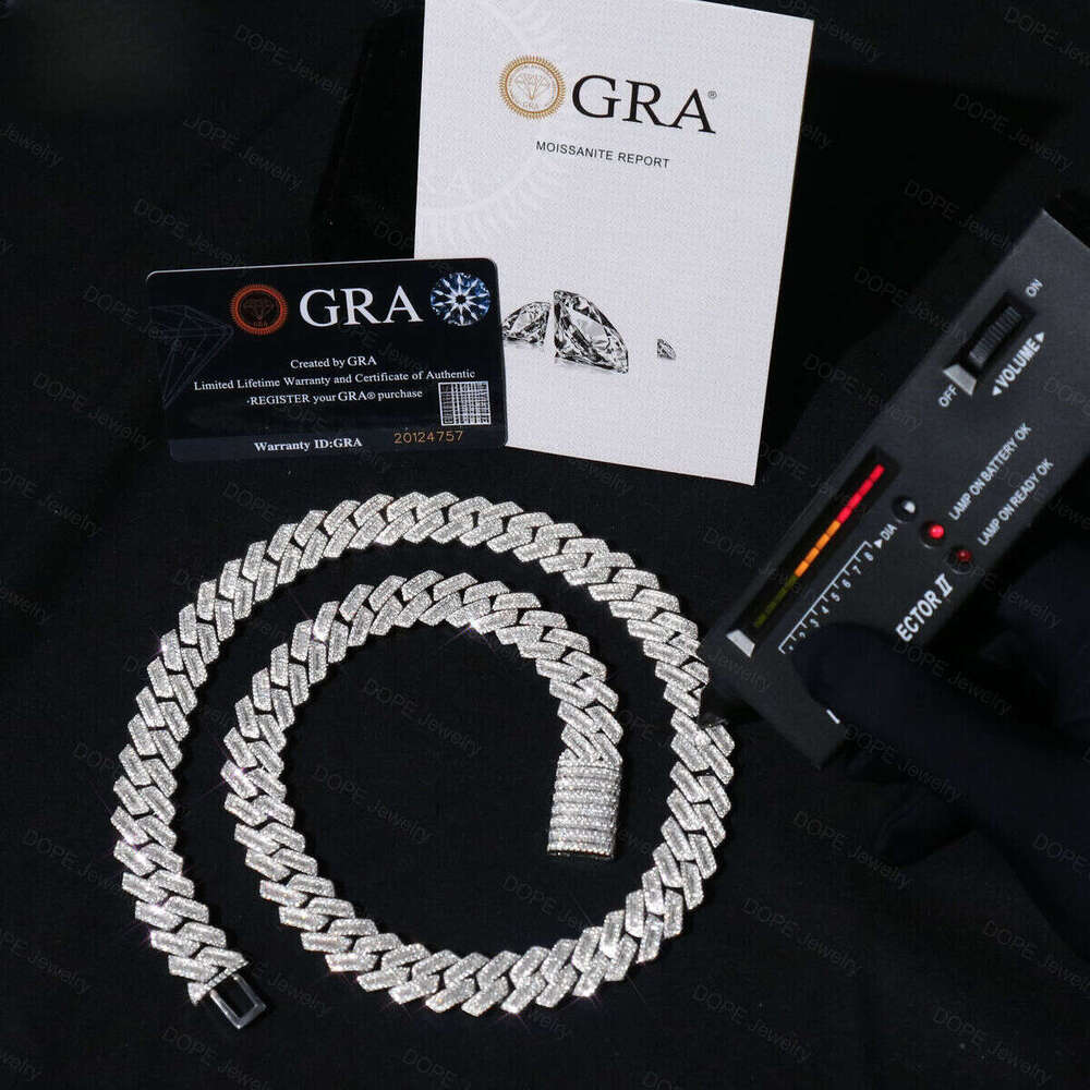 GRA Certified 15mm Iced Out Clasp VVS Sier Rhodium Plated Moissanite Cuban Chain