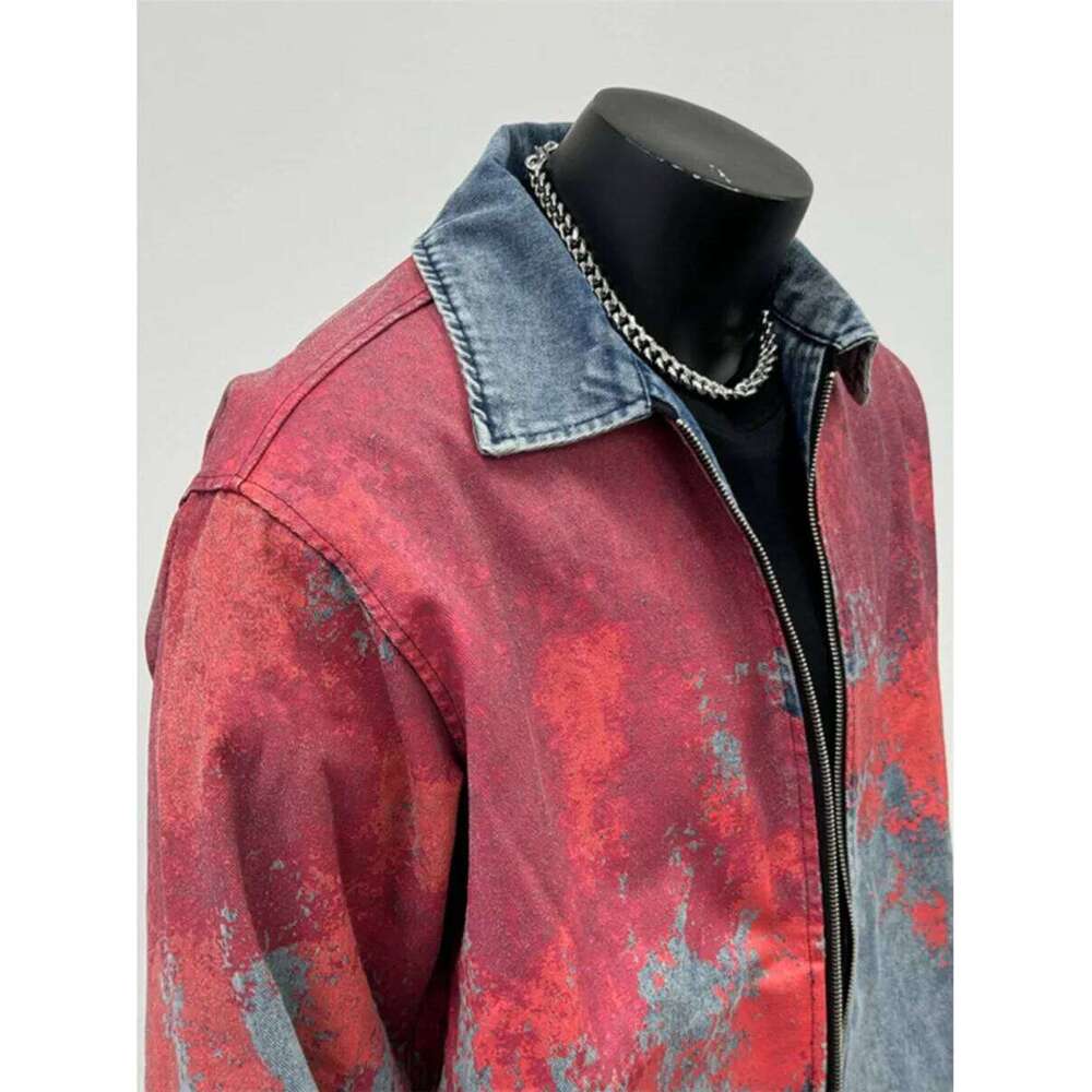 Retro Tie Dye Washed Denim Jacket Men Women Varsity University High Streetwear Old School Chic Cow Boy Bomber Coat