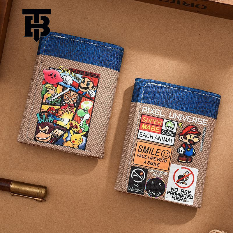 TB BHULAMTE Designer Bag Super Mario Wallet Men Canvas Vertical Fashion Luxury Bag Trend Student Youth Game Cartoon Anime Peripheral Card Holder