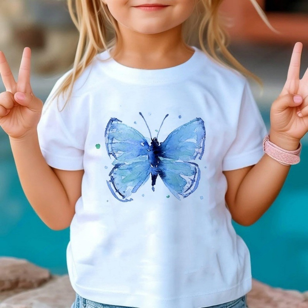 New Butterfly Print Pattern Combed Cotton Girls' T-Shirt Summer Children's Clothing Short-Sleeve Kids' Fashion T-Shirt - VT2980
