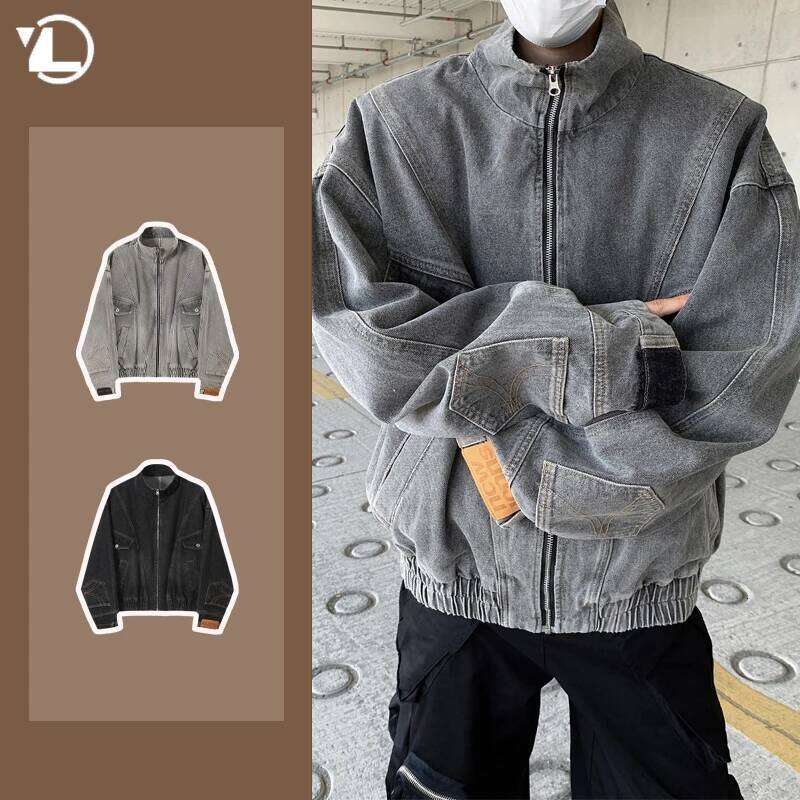 Retro Inverted Label Denim Jacket Mens Autumn Heavy Weight Washed Tooling Cowboy Coats Multi Pocket Stand Collar Hip Hop Outwear