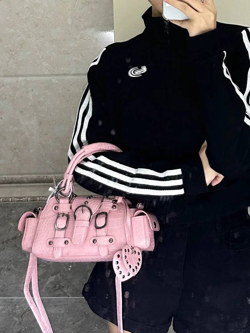 JIAERDI Vintage Pink Messenger Women Y2k Grunge Rivet Handle Crocodile Designer Female Fairycore Aesthetic Bag