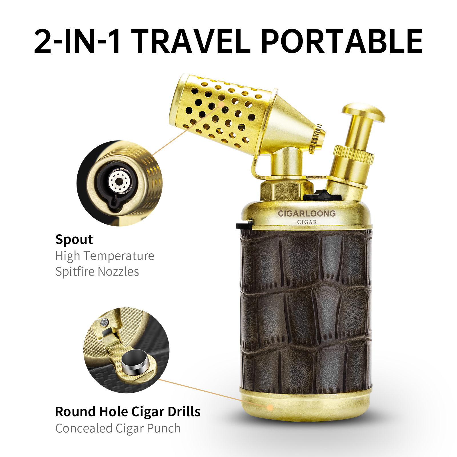 CIGARLOONG Torch Lighter,2-in-1 Windproof Butane Refillable Lighter Built-in Cigar Punch with Gift Box Without Gas W260202