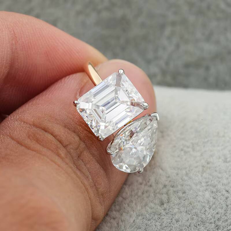 Double Stone Moissanite Ring 18K Yellow Gold Jewelry Ring Pear and Octangle Cut Moissanite Diamond Ring
