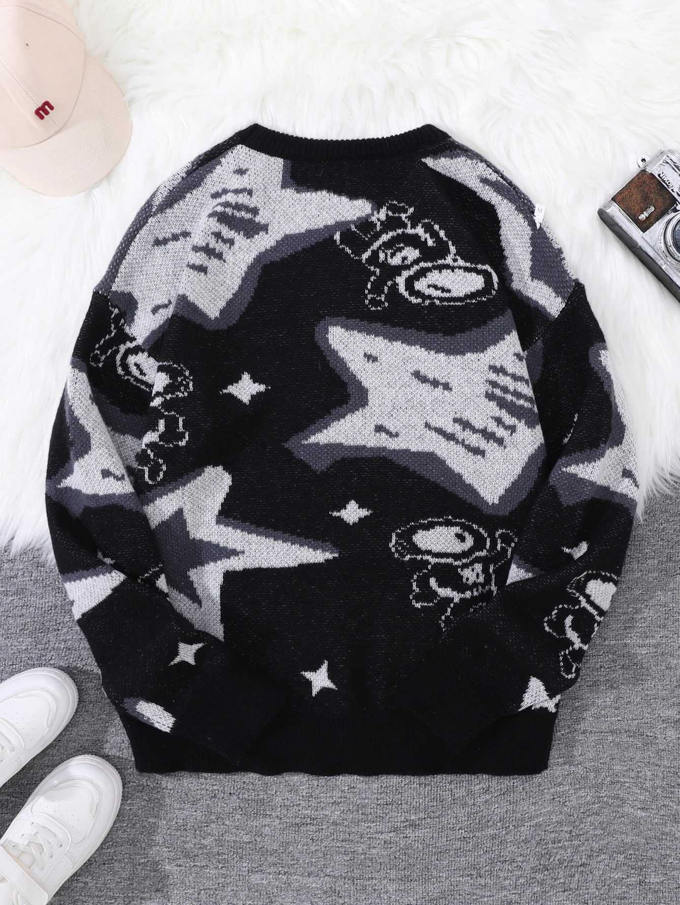 New Popular Spring Fall Astronaut StarPicking Jacquard Pattern Pullover Sweater Casual Round Neck Contrast Color Knitted Men Z250905
