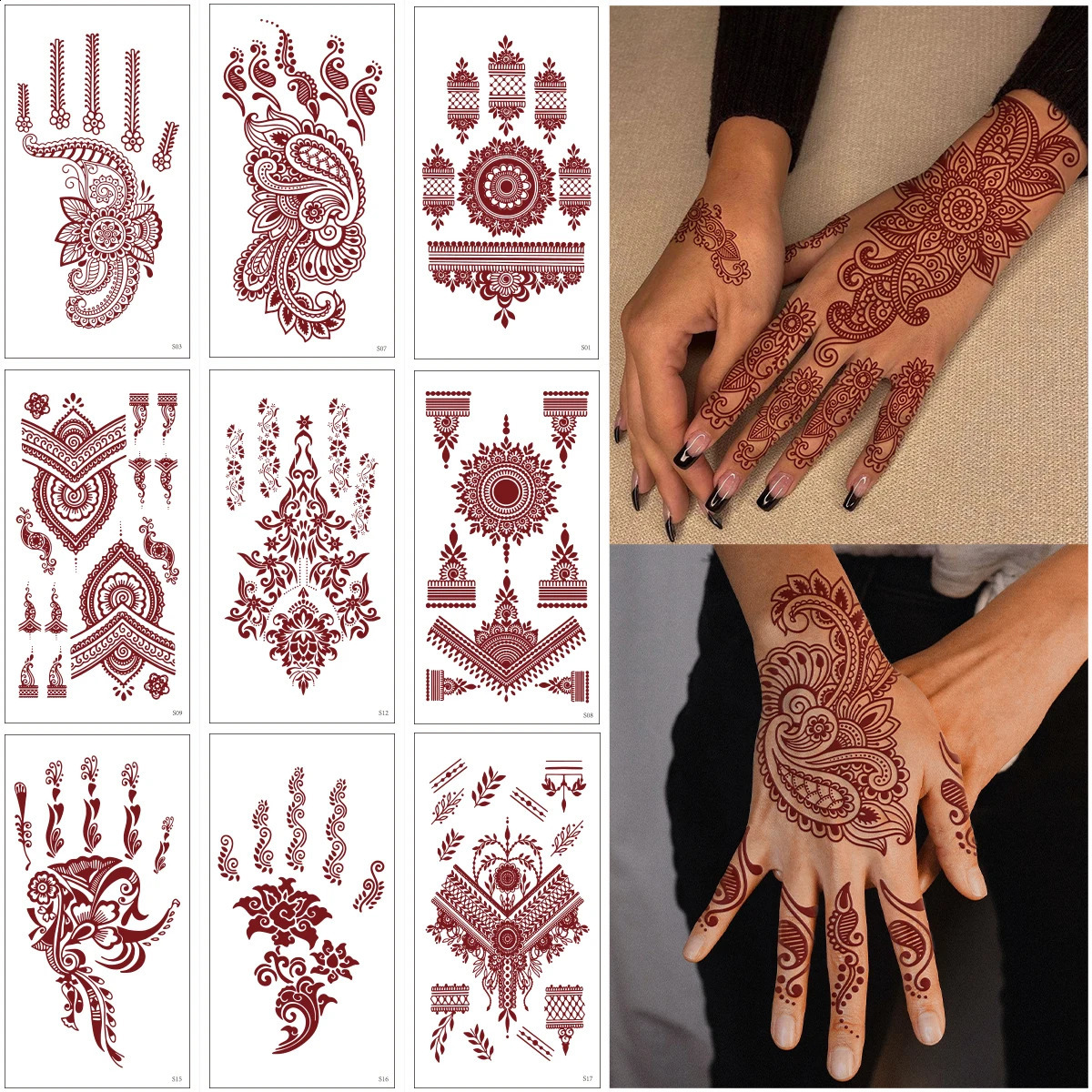 Red Lace Henna Tattoo Sexy Maroon Stickers Waterproof India Mehndi n Temporary Tattoos Finger Hand For Women 250825