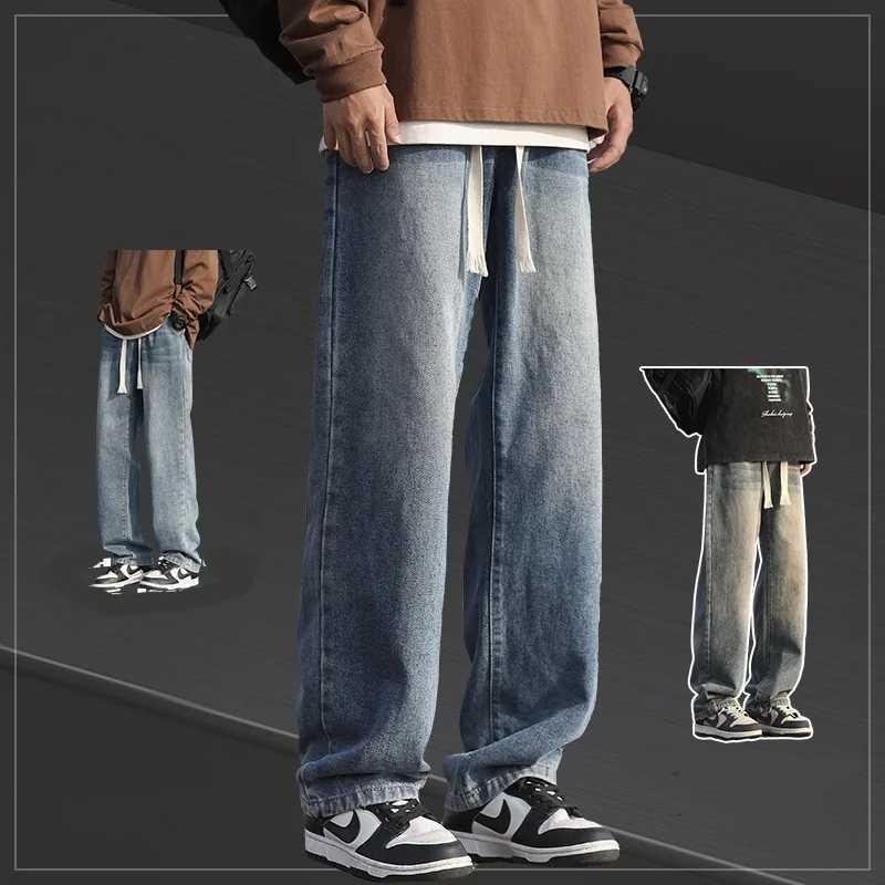 Mens loose straight leg pants for summer lightweight washed waist breaking elastic casual jeans denim pants comfortable W250905
