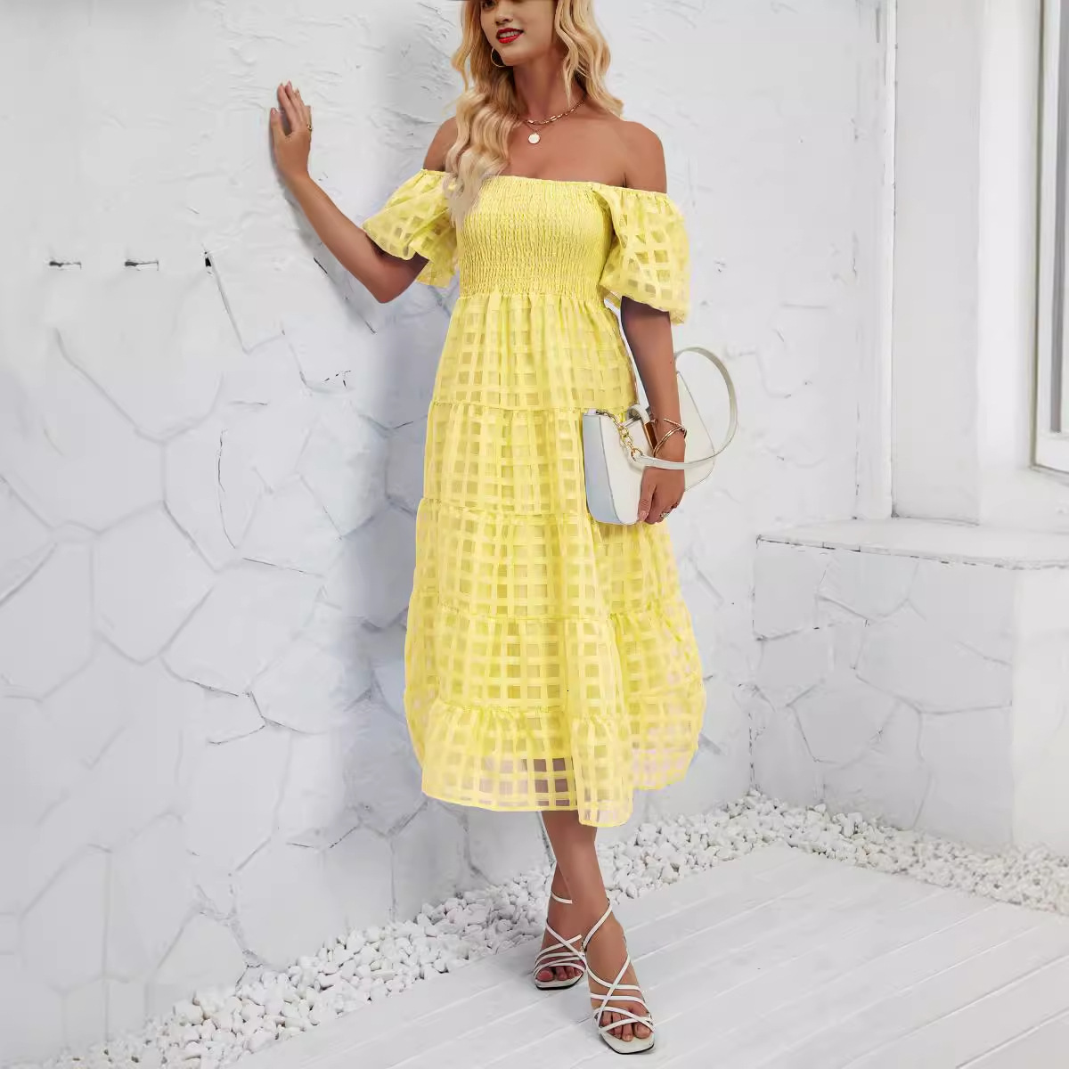 Summer Long Dress with Puff Short Sleeves Flowy Layered Beach ALine Dress with Lining for Women