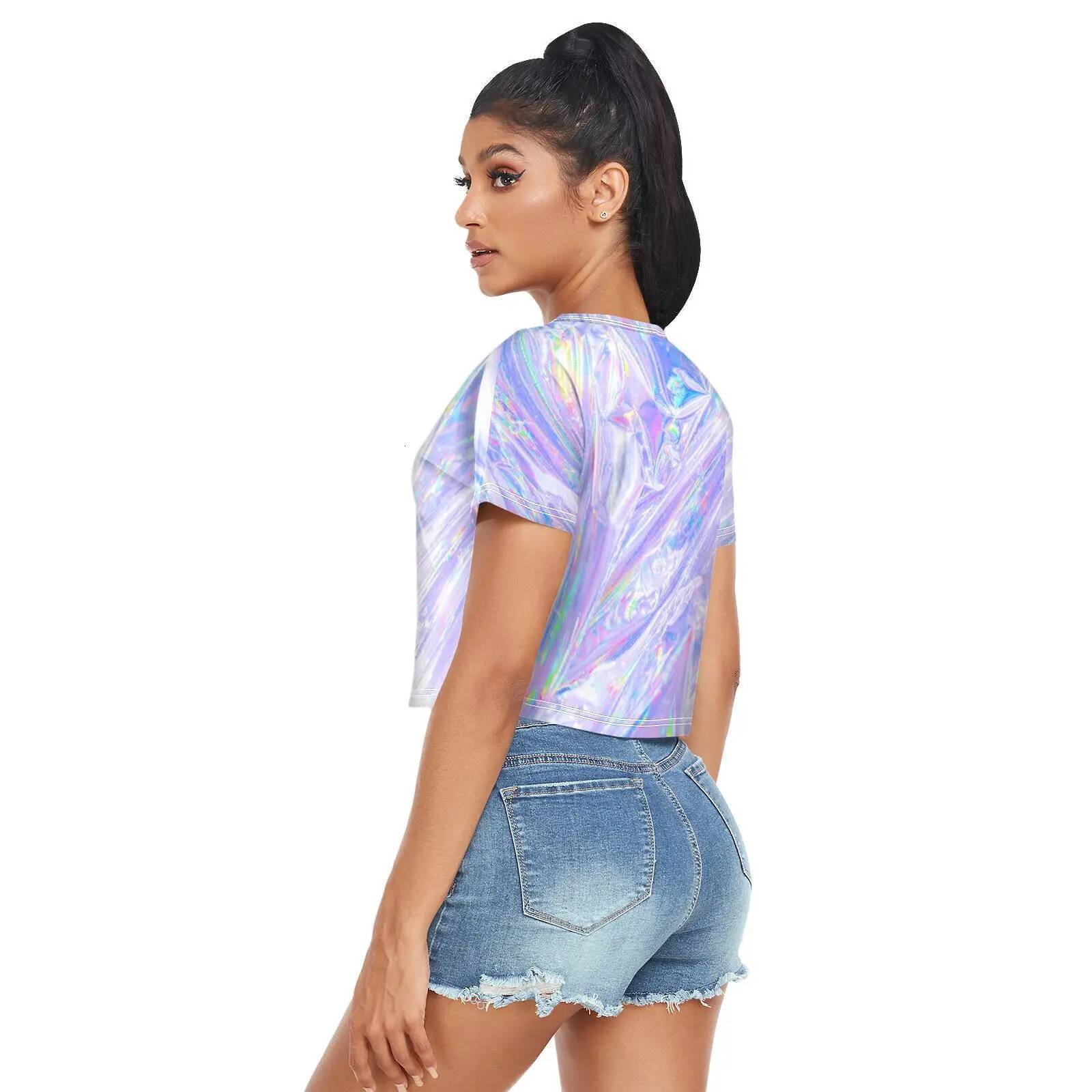 New Open Navel High Waist Short Sleeve T-shirt Holographic Swirl Modern Rainbow Simple Round Neck Pullover Spring Summer