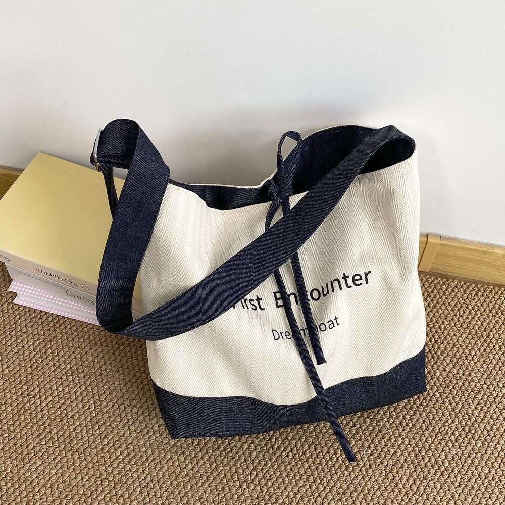 Summer New Canvas Denim Patchwork Adjustable Crossbody Reversible for Female Students Class Bag