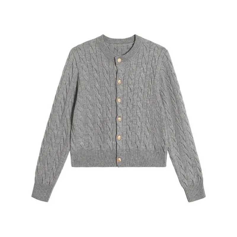 2024 Vintage Long Sleeve Cardigan Women Sweater Oneck Elegant Knitted Top Fashion Autumn Grey Knitwear Z250905