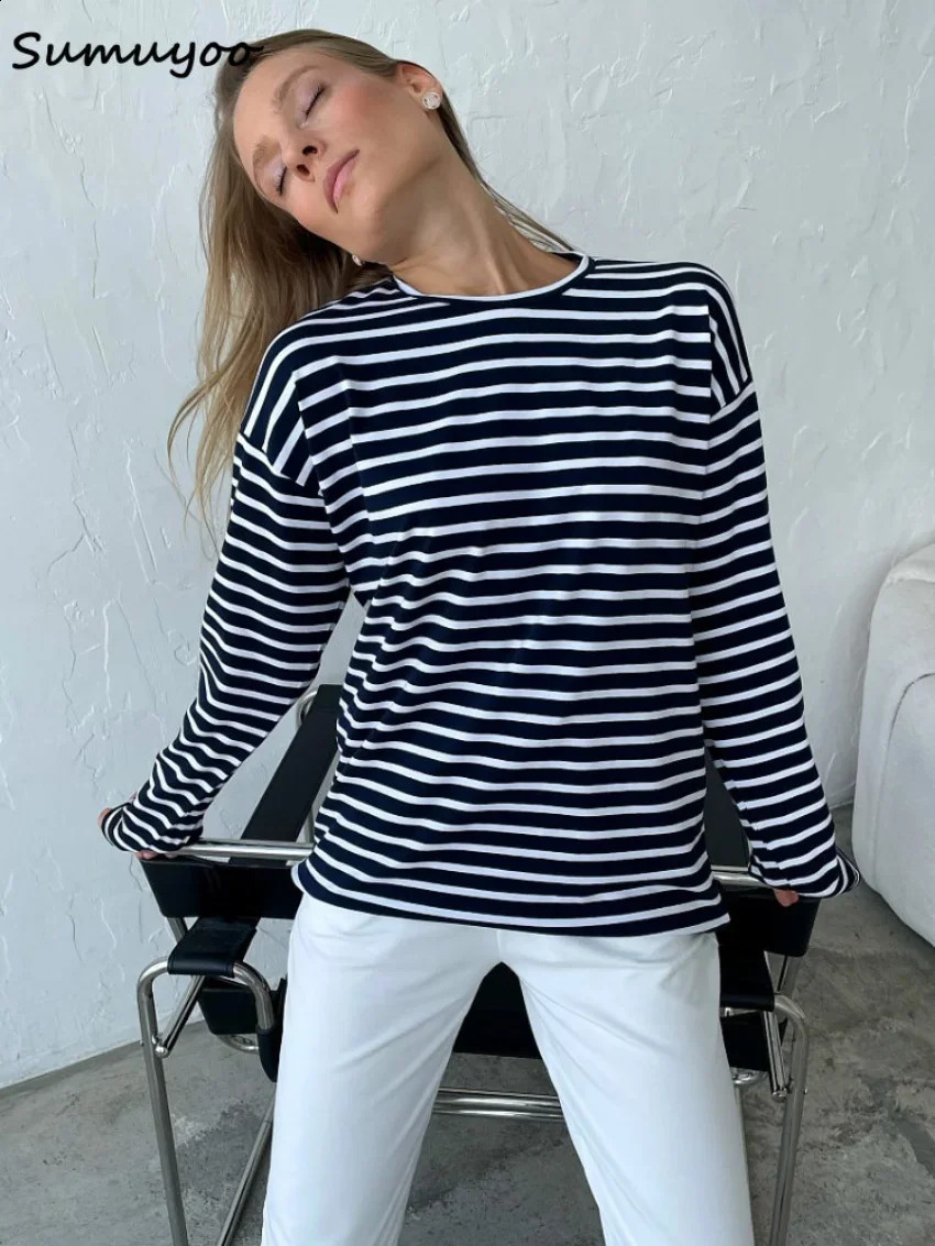 Sumuyoo Summer Long Sleeve Striped TShirts Women Basic Casual Tops Female Cozy Loose Cotton Tees Harajuku T Shirt 250905