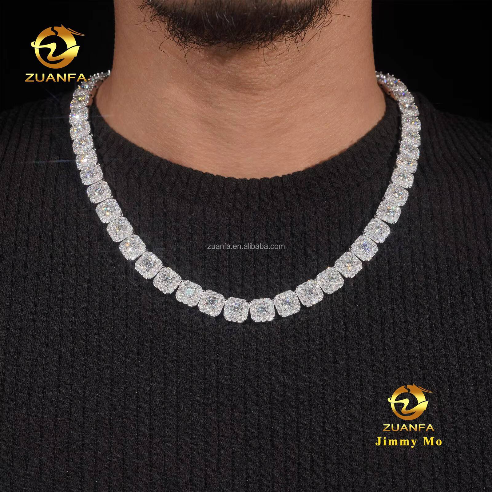 New Arrivals 10mm Hip Hop Style Luxury Jewelry Iced Out 925 Solid Silver Rhodium Plated VVS1 Moissanite Cluster Tennis Chain Men