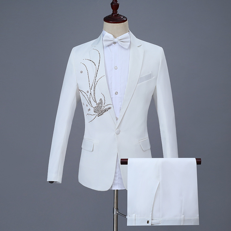 Minimalist White Wedding Tuxedo 2 Piece Blazer Pants Handmade Rhinestone Male Suits Singer Costume Stage Performance