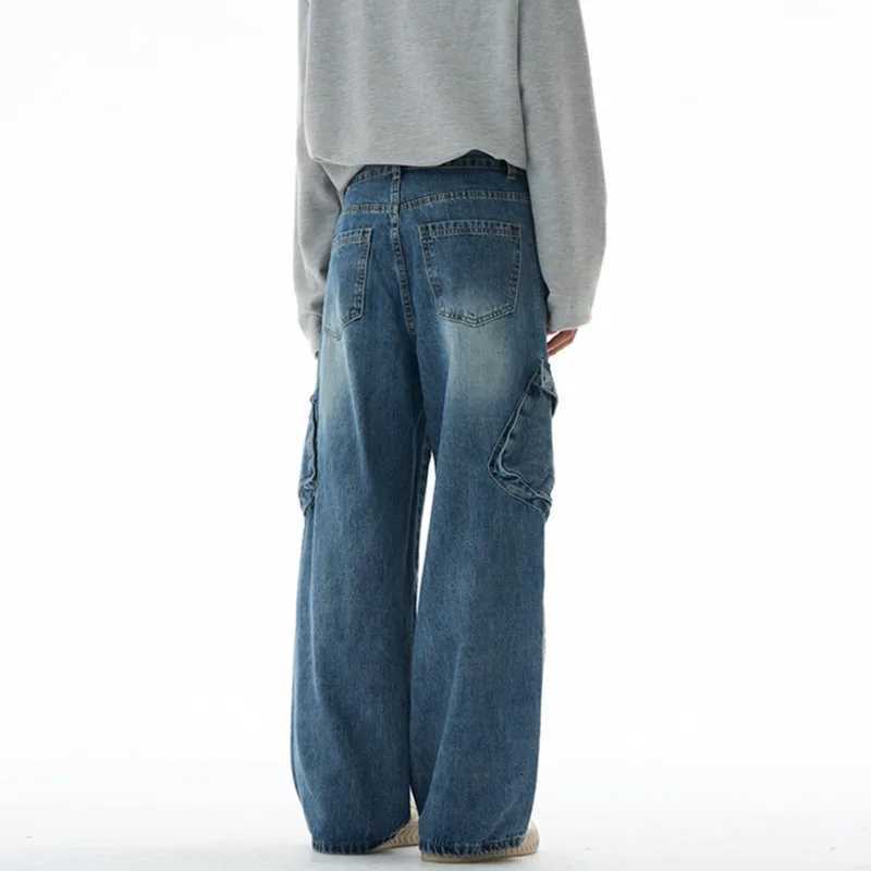 IEFB American Style Mens Jeans Washed Lager Double Pocket Contrast Color Streetwear Loose Wide Leg Male Cargo Denim Pants 9X427 W250905