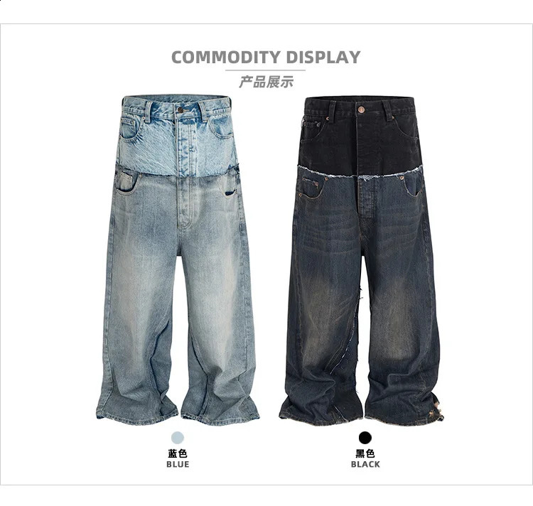 MIJKO Mens Cotton Casual Black Blue Loose Straight Jean CUTUP Pants 250823