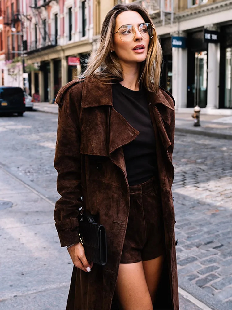 Vintage Suede Long Jacket Loose Lapel Double Breasted Belts Coats Female 2025 Autumn Winter Fashion Solid Thick Outwears 250905