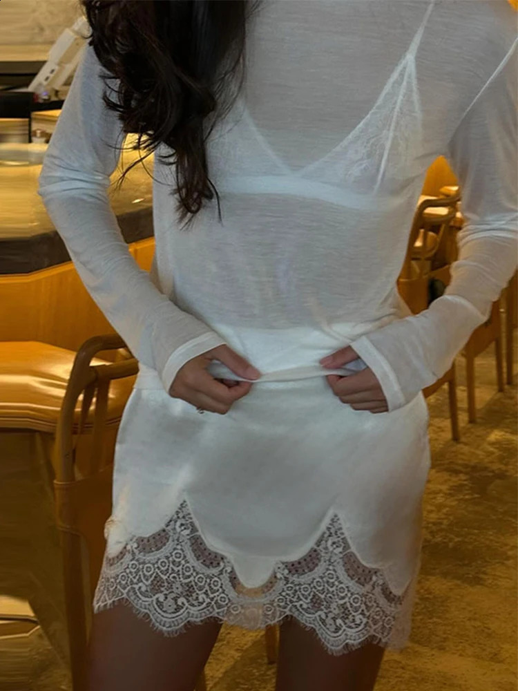 Elegant Lace Satin Spliced Mini Skirt Women High Waist Short Aline Skirts Female Summer Autumn Lady Party Bottoms 250905