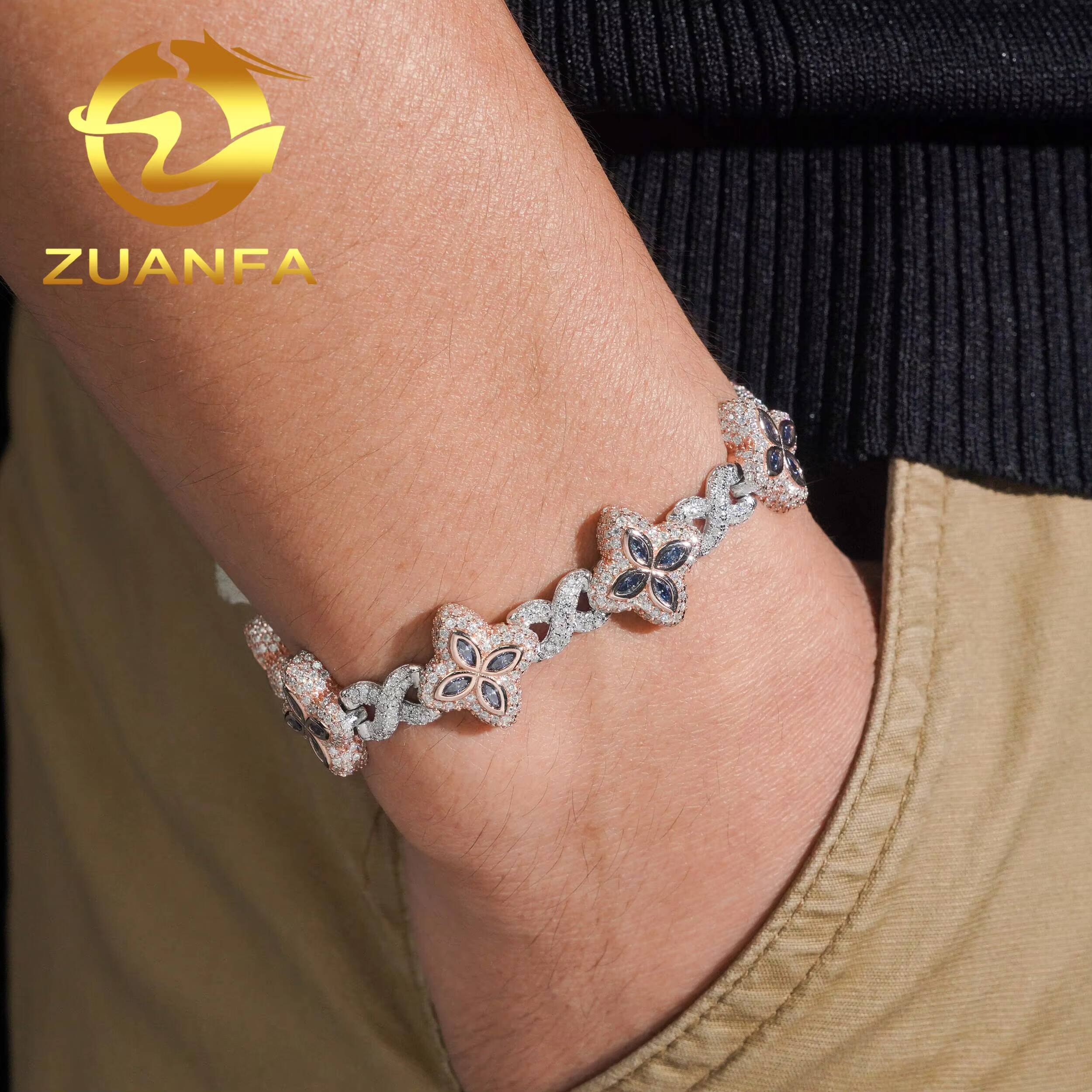 Hot Sale Pass Diamond Tester Hip Hop 15mm Two Tone Clover Flower 925 Silver Moissanite Bracelet