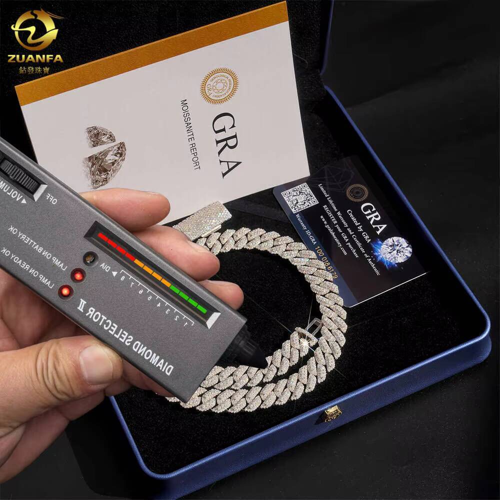 Instock Hip HopJewelry Pass Diamond Tester 13mm 925 Silver Moissanite Chain Link Cuban Iced Out Moissanite Cuban Chain