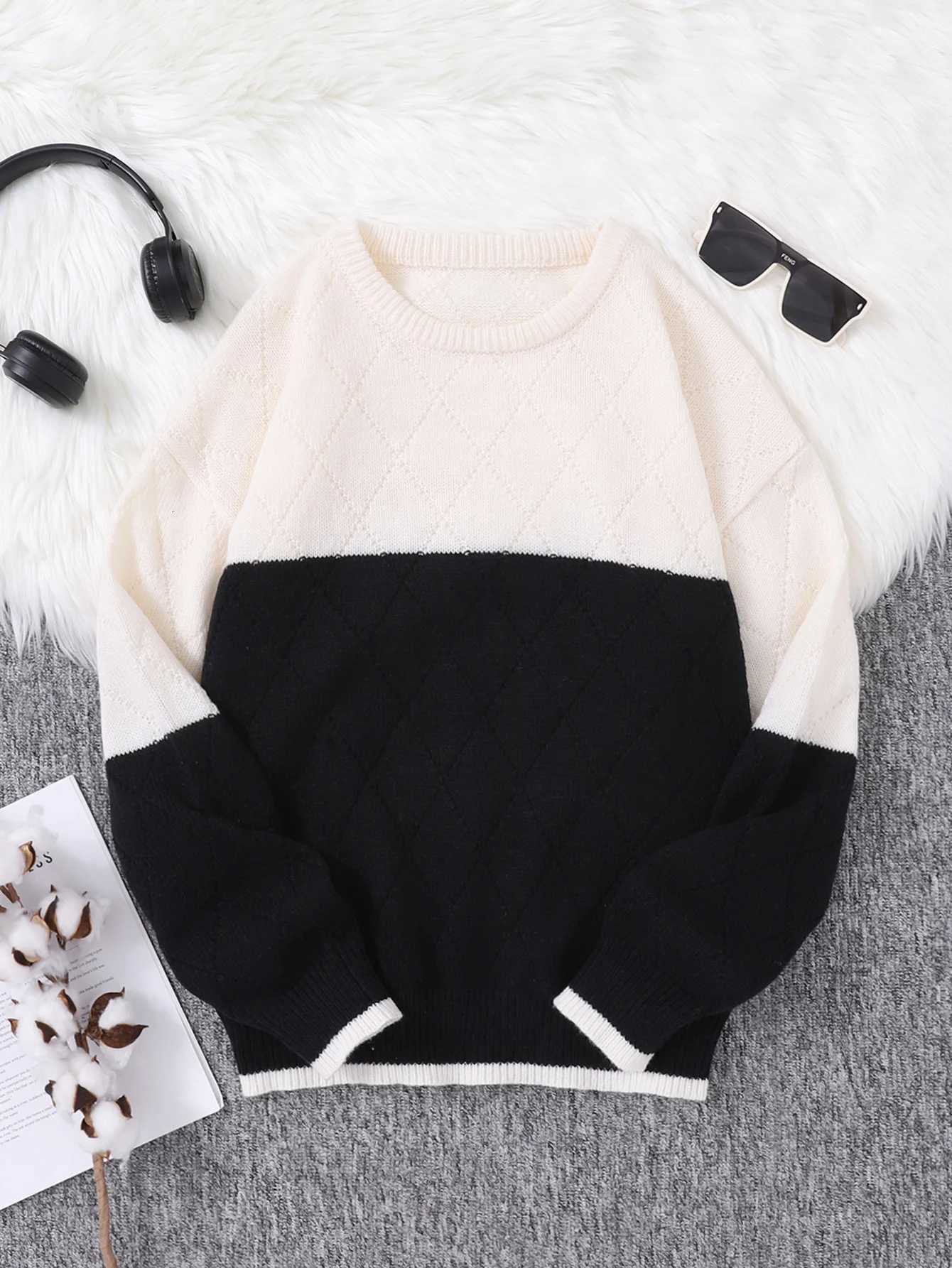 Contrast Color Plaid Pullover Sweater Casual Round Neck Contrast Color Knitted Mens Pullover Z250905