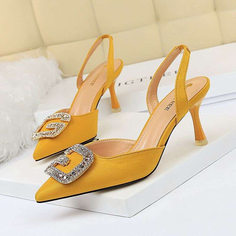 896-2 Style Banquet Women' Shoe High Heel Shallow Mouth Pointed Suede Hollow Back Strap Metal Rhinetone Buckle