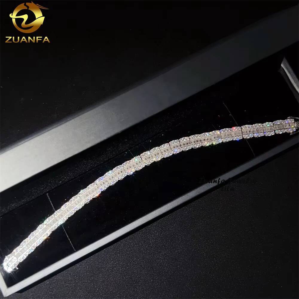 Fashion Popular Baguette Design 925 Silver 8mm Width Iced Out D Color VVS Moissanite Cuban Link Bracelet