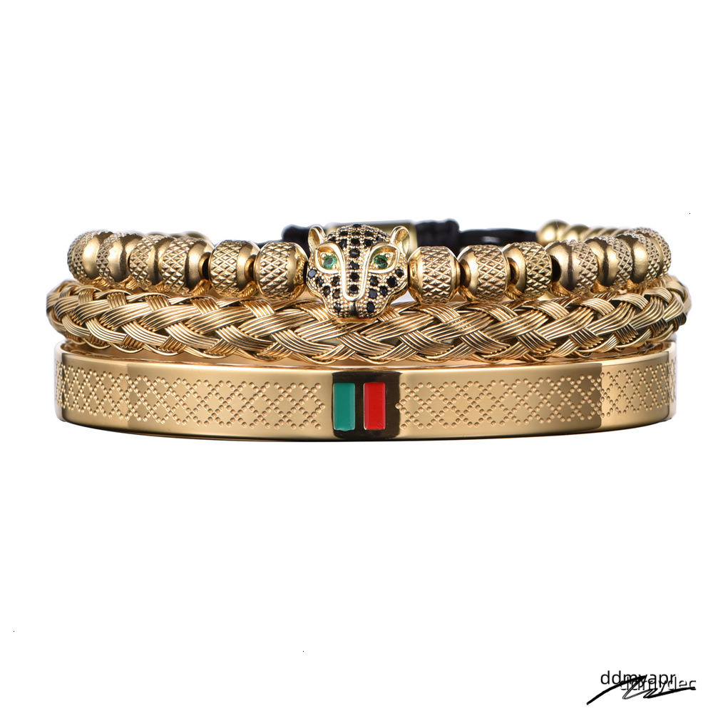 Micro Inlaid Leopard Head Bracelet Set Stainless ddmydec Steel Red Green Striped B