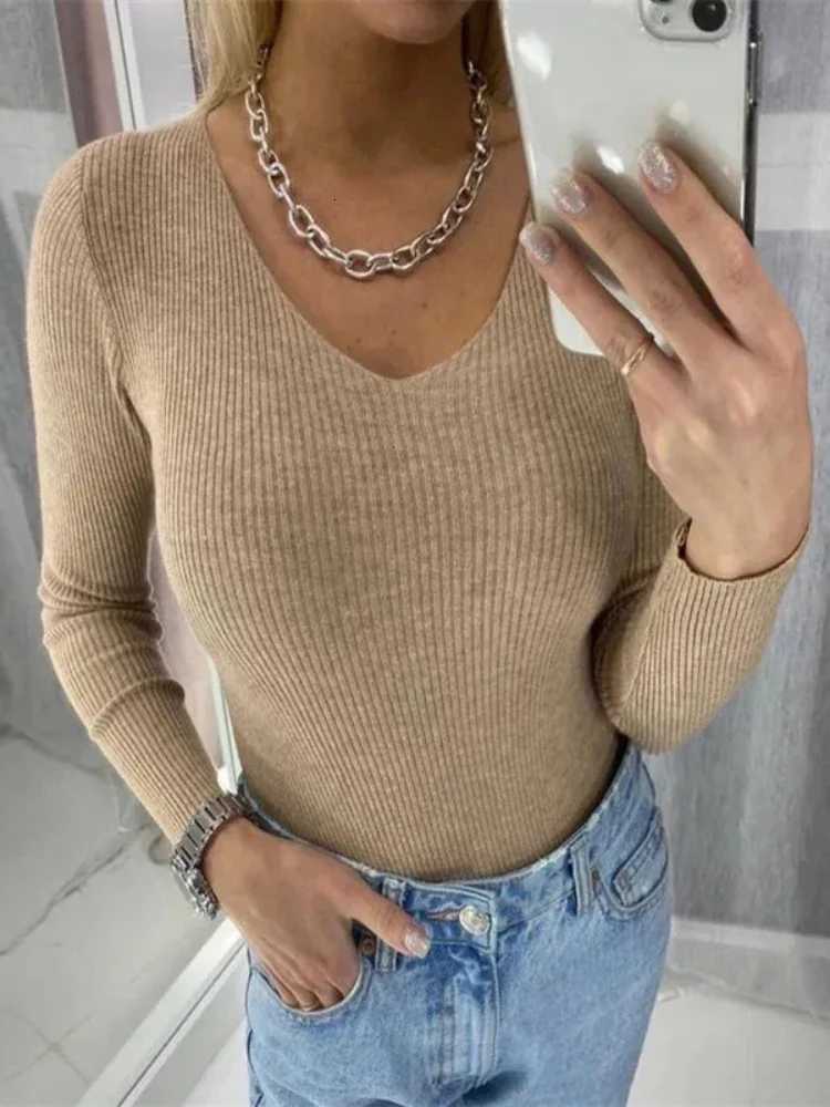 Knitted VNeck Sweater Solid Pullover Casual Fashion Long Sleeve Pullover Sweater Autumn Women Basic Warmth Winter Sweater Z250905