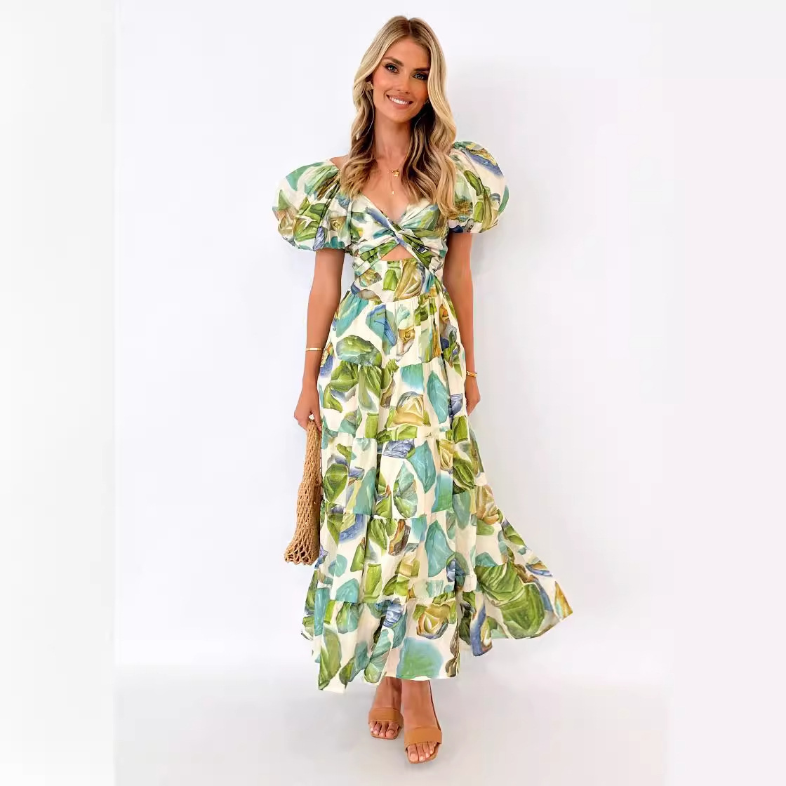 2025 Summer New Vacation Casual Printed WaistCinching Puff Sleeve Flared Dress for Women