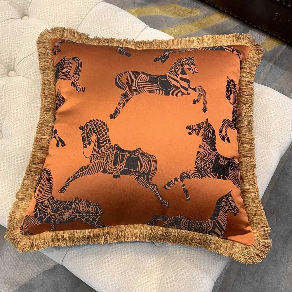 Luxury Fashion Soft Case Orange Horses Woven Interior Designer Quty Fringe Cushion Cover Sofa Window Furnishings 45x45cm Y250905