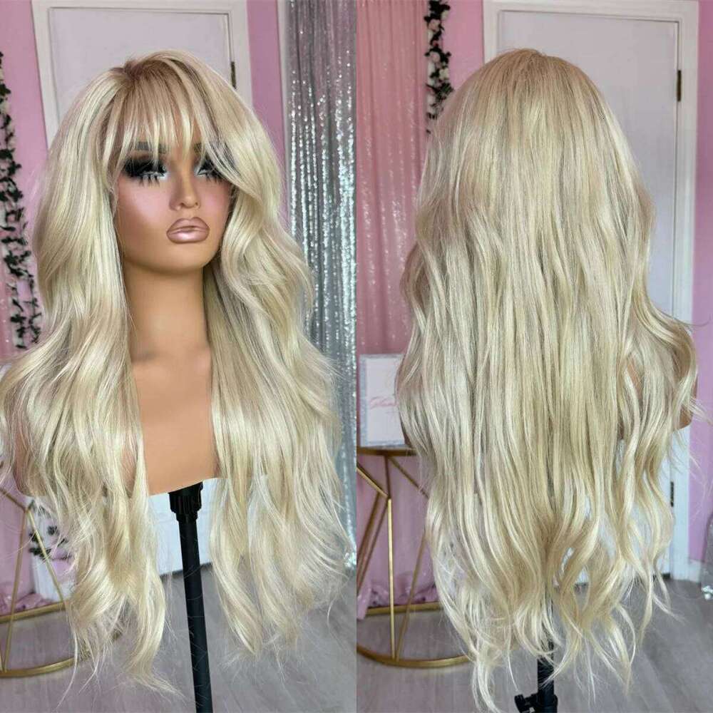 Ombre Icy Blonde Loose Wave HD Transparent Lace Front With Bangs Realistic Hairline Wig For Women High Density Daily/Cosplay