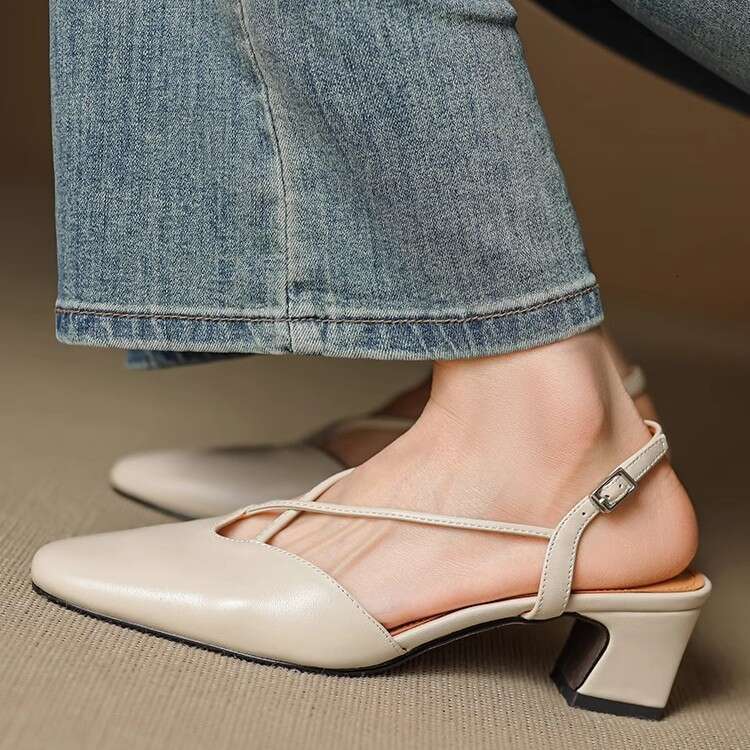 5cm Thick Genuine Leather Cross Strap Closed-Toe Sandals for Women Summer Elegant Backless Silver High Heel Mary Jane Shoes