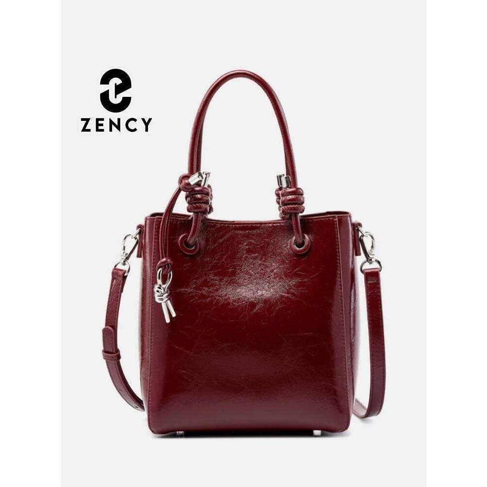 Zency Genuine Leather Shopper Shoulder Bucket Handbag Simple High Quality Women Tote New Cherry Red Black Composite Bag