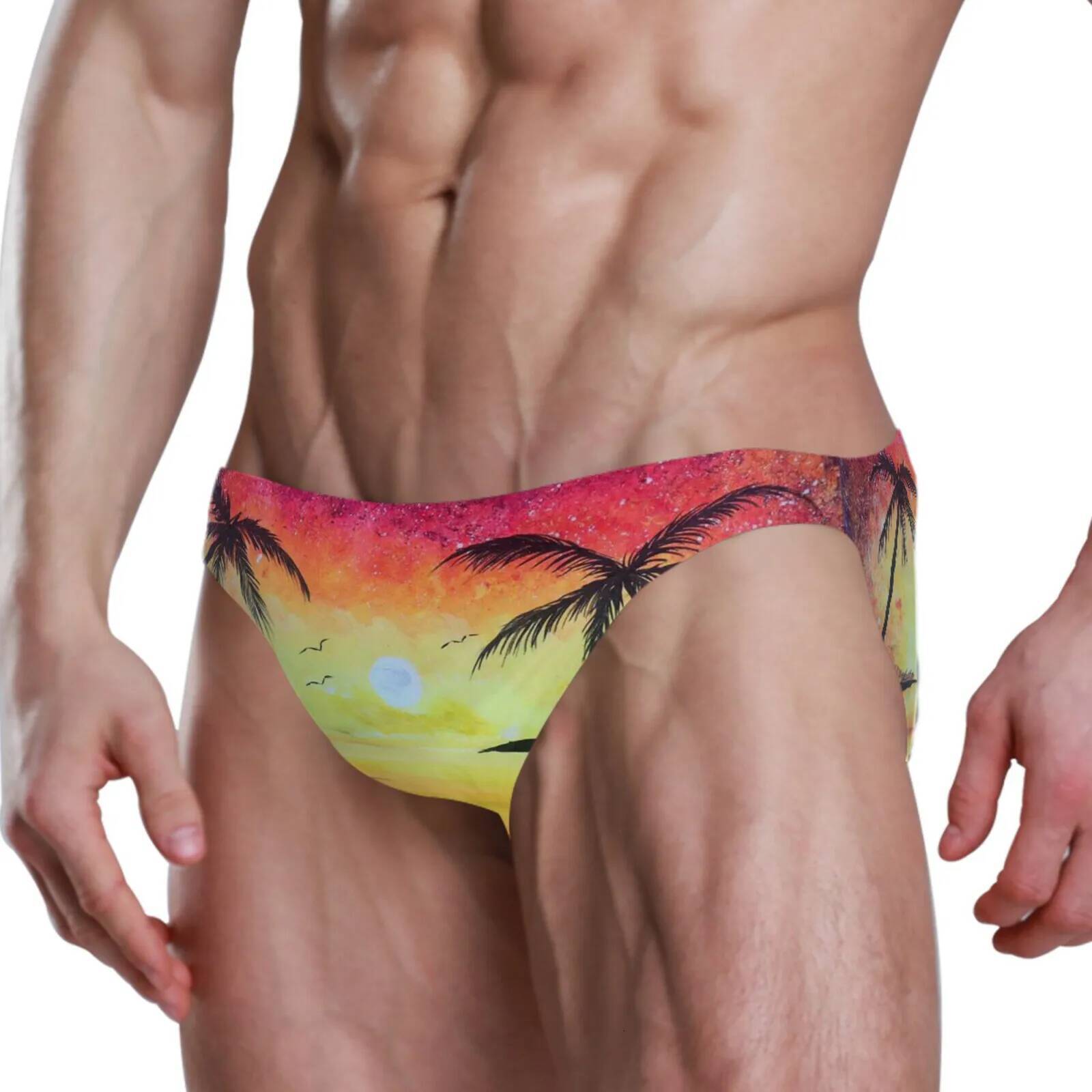 Discount Men's Swimwear Underwear Men Swimsuits Trunks Boxer Briefs Beachwear Sexy Swim Palm Tree Beach Shorts High Quality