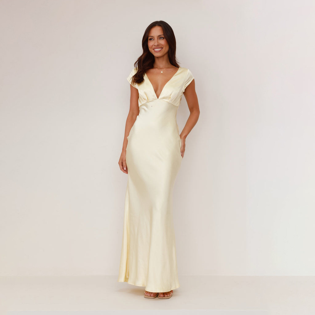 2025 Womens New Sexy Deep V Slim Fit Backless Elegant Dress MidLength Skirt